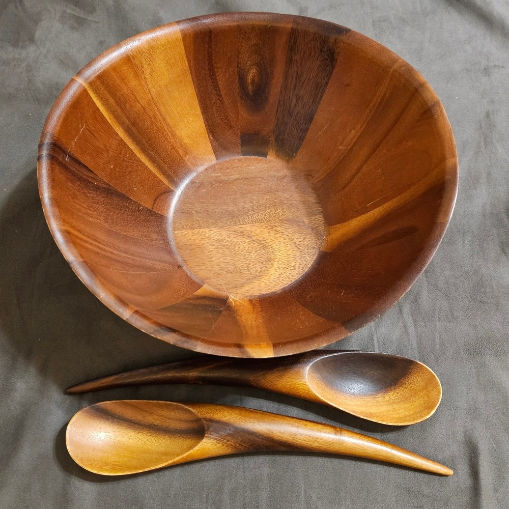 Nambe Harmony 12" Acacia Wood Salad Fruit Serving Bowl with Spoons‎